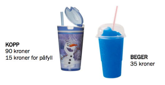 Illustrasjon av to slushbeholdere med priser. Kopp koster 90 kroner, og deretter 15 kroner for påfyll. Begeret koster 35 kroner.